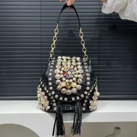 Women's Elegant Alligator-Print  Handbag/Purse - Detachable Strap & ic Closure, / with Bead Accent - Luxury Wedding, Party, Gala Accessory ( Light Beige)